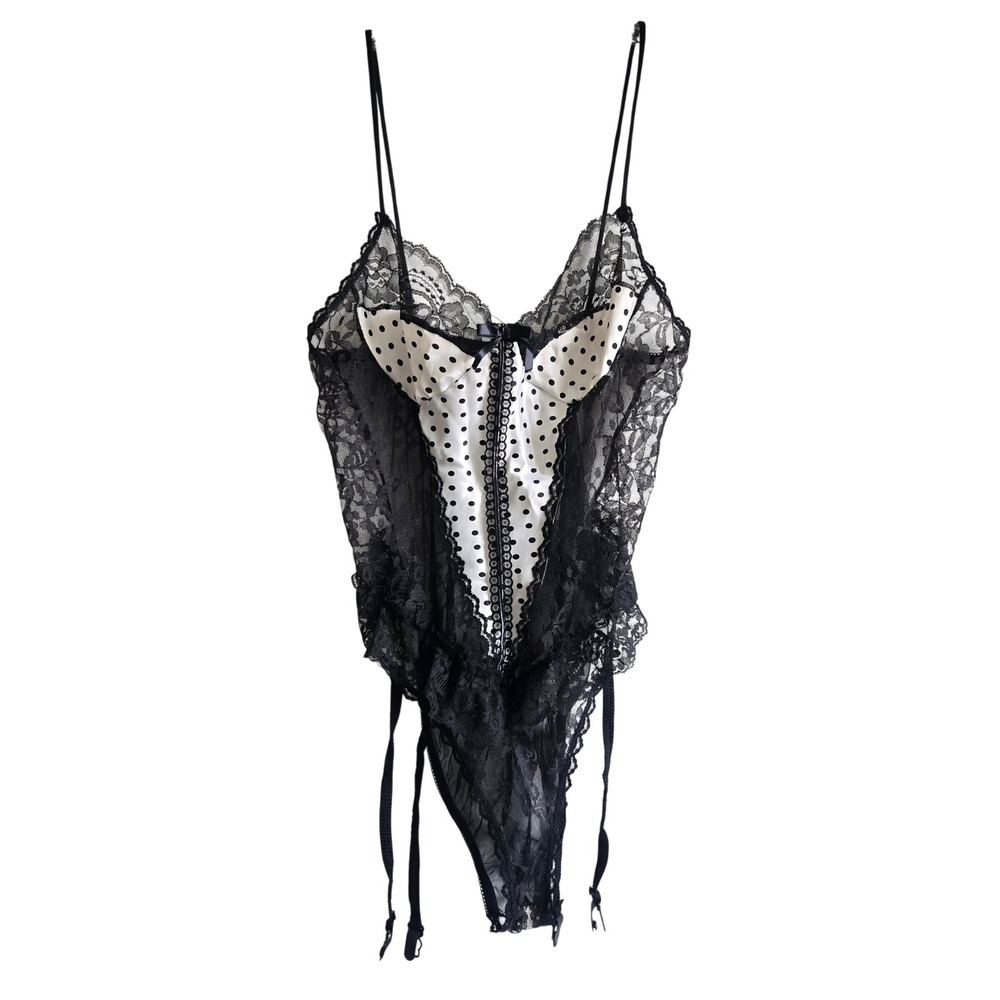 Nan Flower Large Bodysuit Women Black Polka Dot Lace Garter Vintage Excellent